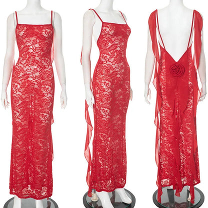 Sexy Spaghetti Strap Backless Floral Lace Dress Women Night Club Party See Through Tassel Prom Long Dresses Vestidos De Fiesta
