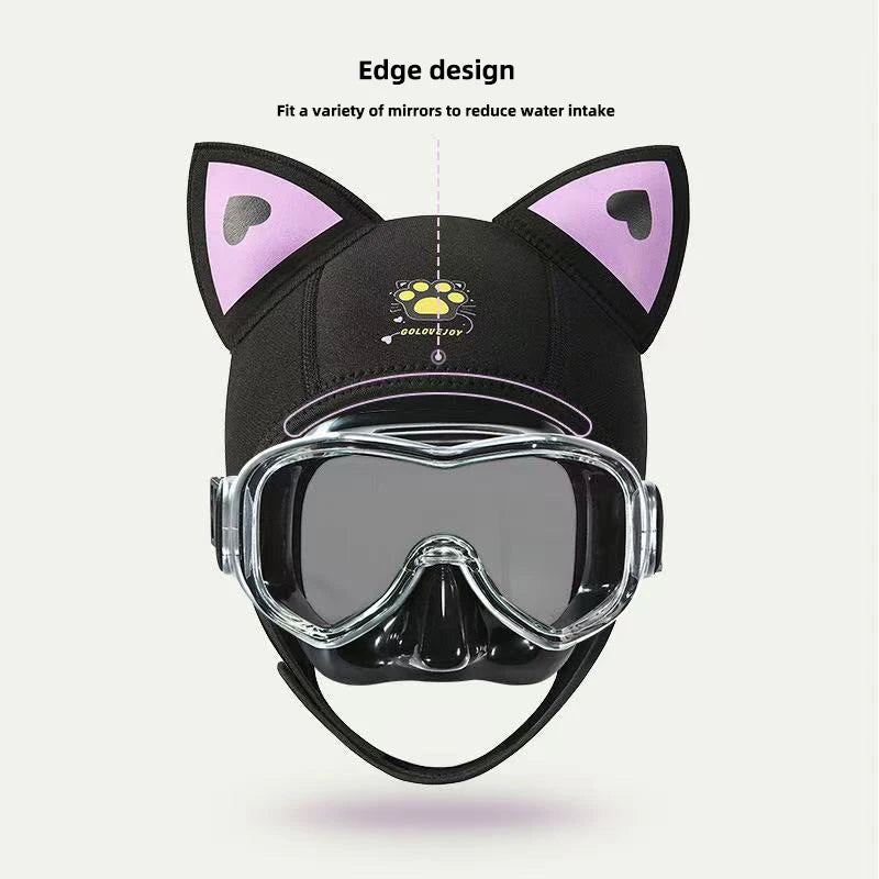 Cool Cute Cat Ears Diving Hood 3mm Neoprene Women Snorkel Scuba Cap w/ Adjustable Chin Strap,Thermal for Surfing & Water Sports