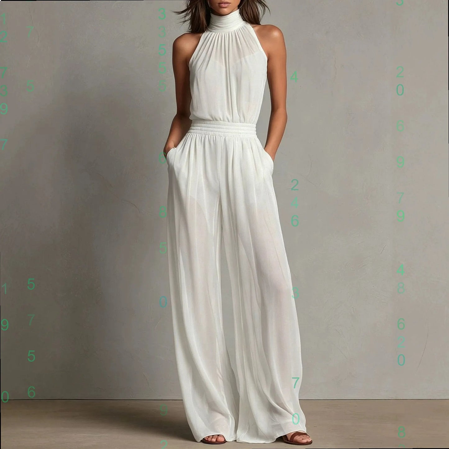 Womens Jumpsuits Summer Elegant Chiffon Sleeveless High Neck Backless Wide Leg Pants Jumpsuit Playsuit