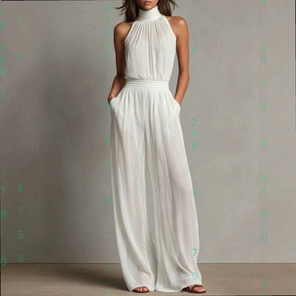Womens Jumpsuits Summer Elegant Chiffon Sleeveless High Neck Backless Wide Leg Pants Jumpsuit Playsuit