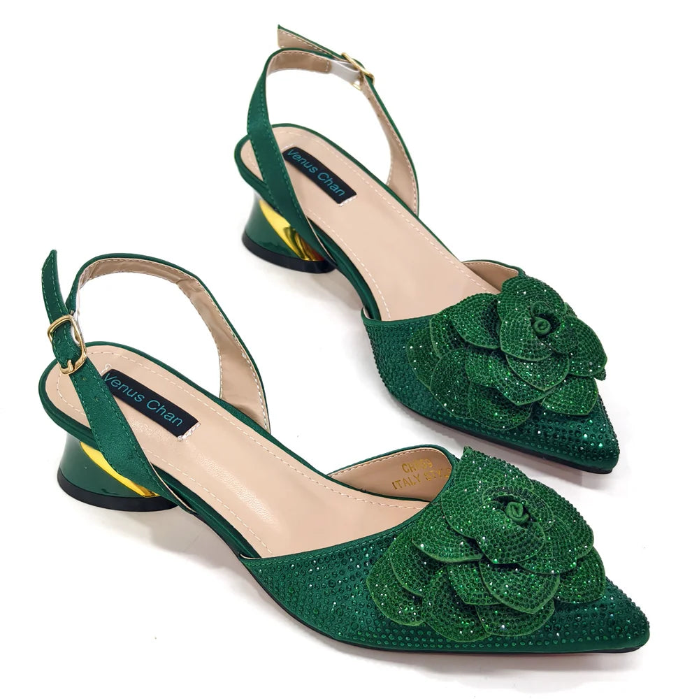 Italian Design Evening Shoes And Bags Paired With Handmade Petal Gold Colour Pointed Toe Mid-Heel Shoes For Women Party Shoes