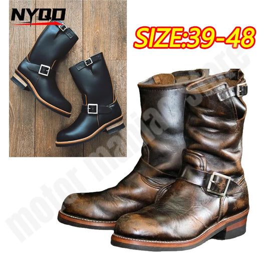 Men Retro Motorcycle Riding Boots Round Middle Boots Flat Bottomed Boots Men Trendy PU Leather Shoes Botas Para Moto Hombre