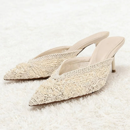 Elegant String Bead Decoration Heeled Sandals Women Sexy Pointed Toe Mesh Woven Slippers Summer Luxury Designer Shoes for Ladies