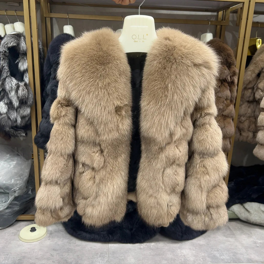 HUA QIU MEI SI Women's Natural Fox Fur Jacket with Fox Collar for Winter Warmth, Short Style Real Fox Fur Leather Jacket