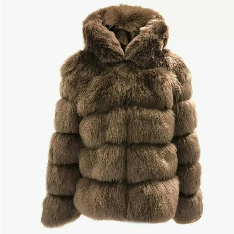 Fashion Winter Women Imitation Fox Fur Jacket Hooded Loose Long Sleeves Female Eco Fur Coat Patchwork Plush Thick Lady Fur Coat