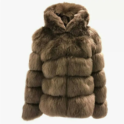 Fashion Winter Women Imitation Fox Fur Jacket Hooded Loose Long Sleeves Female Eco Fur Coat Patchwork Plush Thick Lady Fur Coat