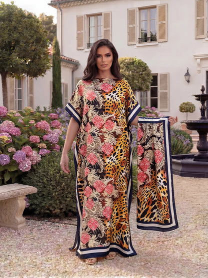 Boho Horse Leopard Geometric Print Satin Abaya Scarf Set, Loose Batwing Maxi Kaftan For Muslim Women Summer Beach Daily Wear