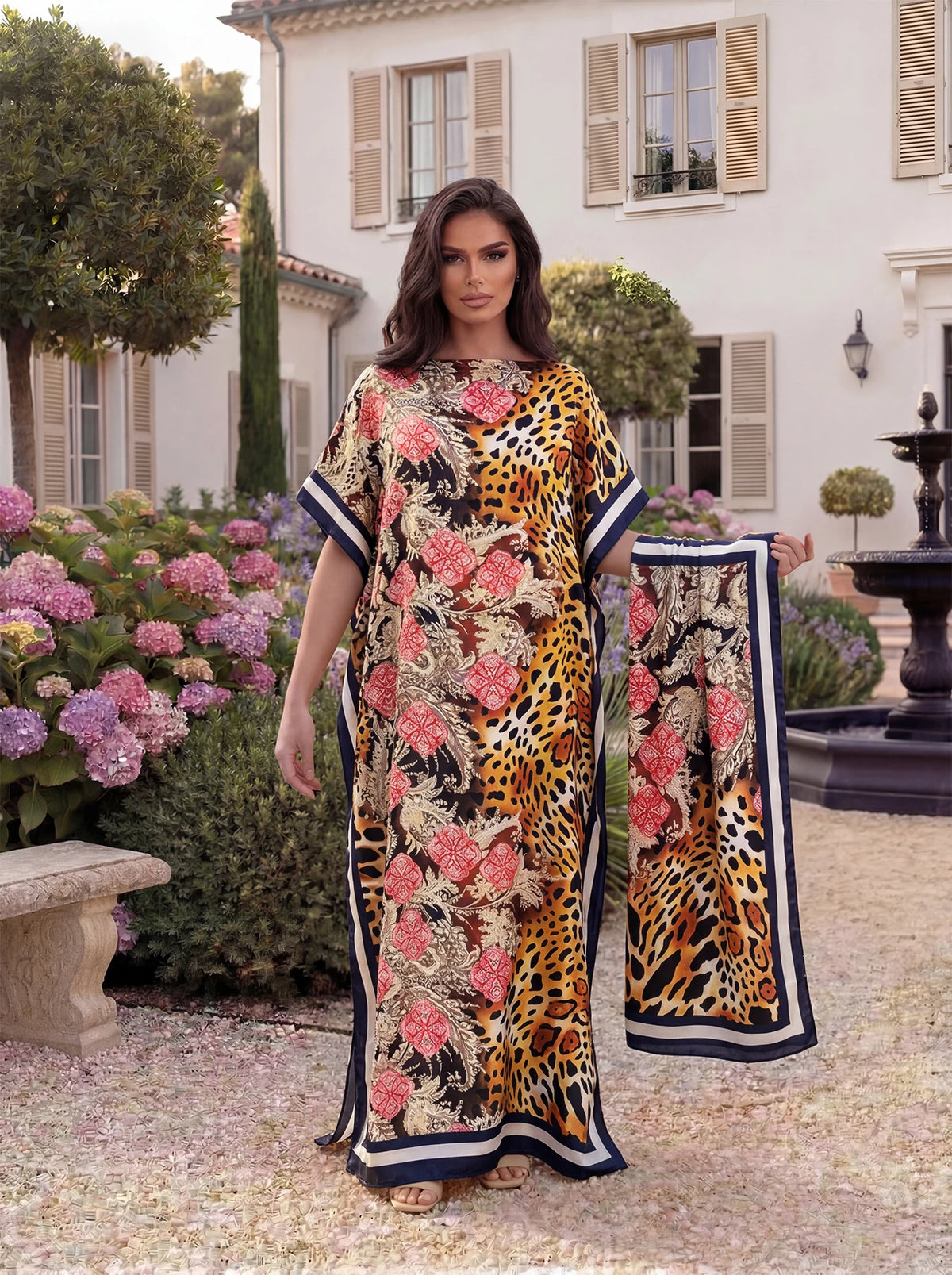Boho Horse Leopard Geometric Print Satin Abaya Scarf Set, Loose Batwing Maxi Kaftan For Muslim Women Summer Beach Daily Wear