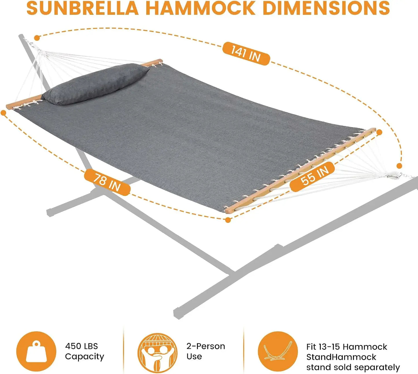 12 FT Double Outdoor Hammock with Sunbrella Fabric, Fade Resistant for Patio & Garden