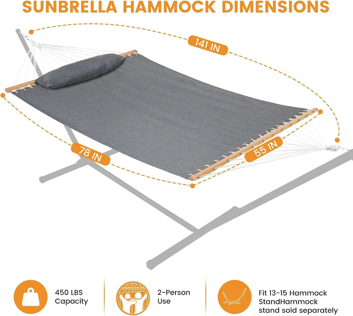 12 FT Double Outdoor Hammock with Sunbrella Fabric, Fade Resistant for Patio & Garden
