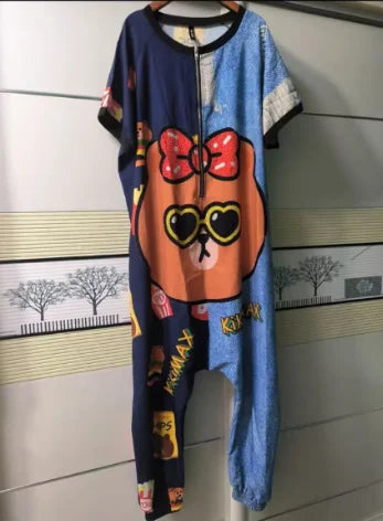 New Women Cartoon Graffiti Printing One Piece Overalls Mandarin Collar Short Sleeve Jumpsuit Hip Hop Design Rompers Baggy Pants