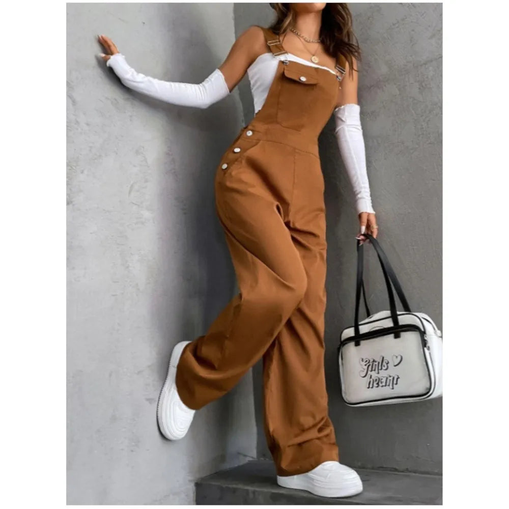 Women's Casual Bib Overalls Adjustable Shoulder Strap Pocket Wide Leg Jumpsuit Loose Straight Women Streetwear Suspender Pants