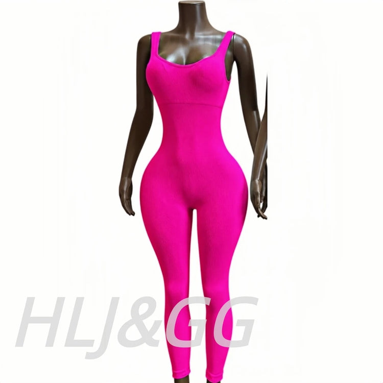 HLJ&GG High Stretchy Ribber Bodycon One Piece Jumpsuits Women Sleeveless Slim Playsuits Casual Quality Sporty Leggings Overalls