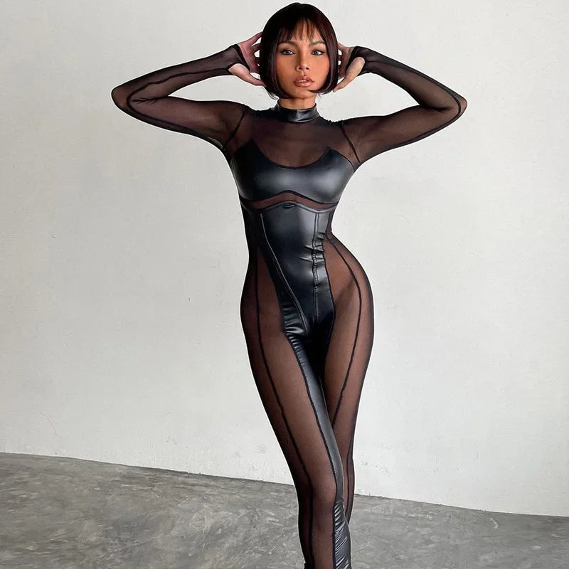 Black Mesh Sheer Bodycon Jumpsuit for Women 2024 Sexy Clubbing Outfits Gothic Punk Black One Piece Techwear C70-EC27