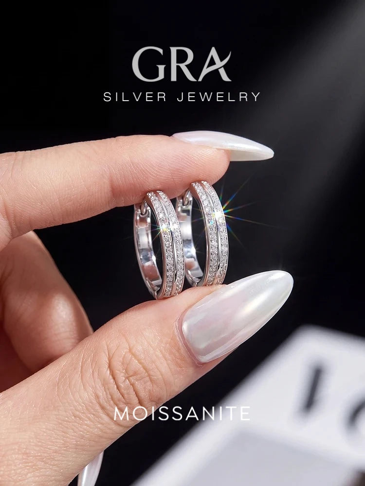 Sparkling Real Double Moissan Diamond Round Hoop Earrings Suitable for Women's Daily Wear 925 Silver High Quality Fine Jewelry