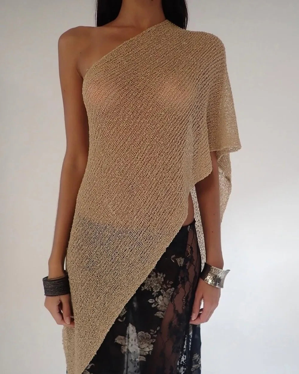 Casual Drop Shoulder Crochet Poncho Sweater Sheer Multi-wear Halter Shawl Irregular Knitted Cover-ups Vacation Outfits