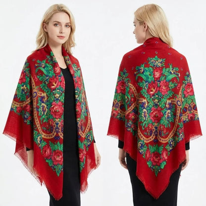 130×130cm Women's Shawl Scarves Thin Luxury Russian National Square Scarf Floral Print Breathable Ethnic Shawl Bandana Summer