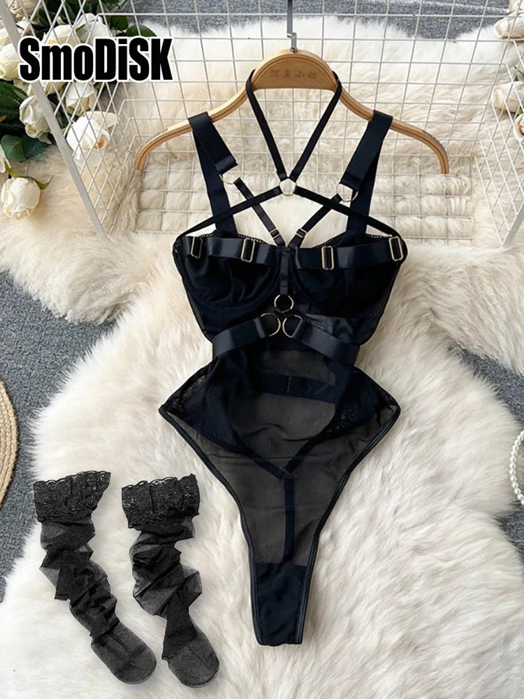 Coquette Lace Lingerie Set Sexy Mesh Bodysuit Valentines Day Sleepwear Gothic Strappy Catsuit Intimate Nightwear Romper