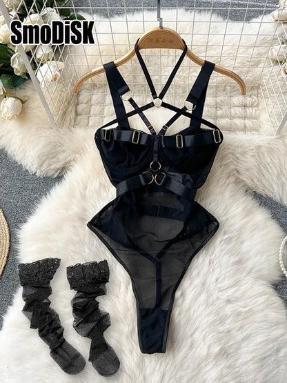 Coquette Lace Lingerie Set Sexy Mesh Bodysuit Valentines Day Sleepwear Gothic Strappy Catsuit Intimate Nightwear Romper