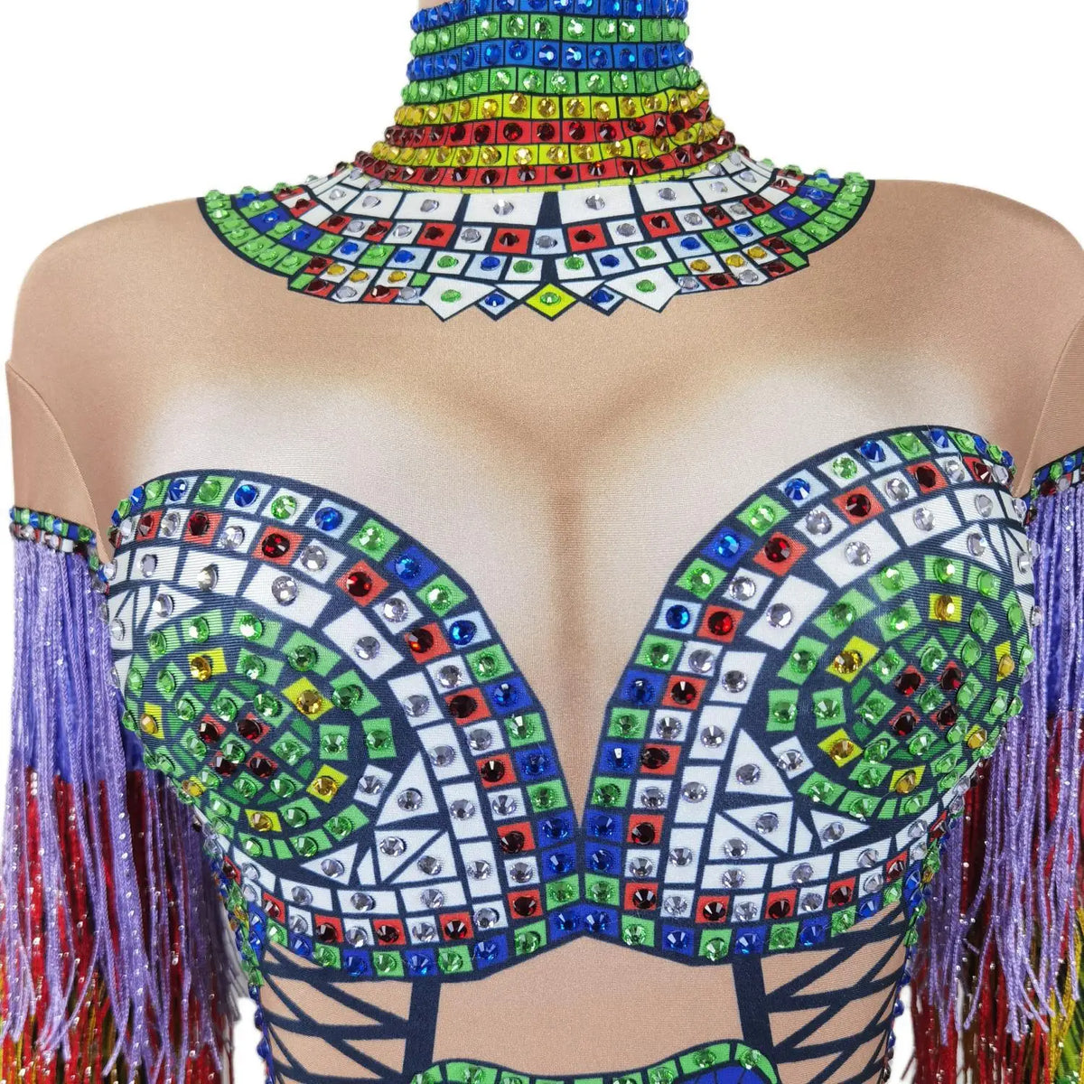 Sparkly Colorful Rhinestone Tassels Sleeves Jumpsuits Women Carnival Party Dance Costume Female Rompers Show One Piece Bodysuit