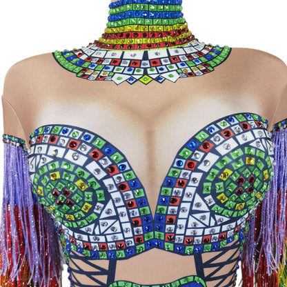 Sparkly Colorful Rhinestone Tassels Sleeves Jumpsuits Women Carnival Party Dance Costume Female Rompers Show One Piece Bodysuit