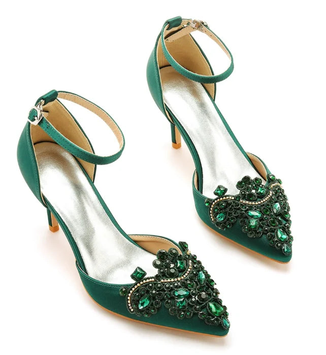 XIHAHA Woman High Heels New Pointed Artificial Diamond Metal Buckle Party Carnival Women's Shoe Satin Girls Banquet Dance Shoes