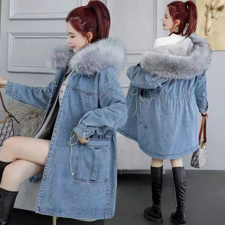 Women Jeans Coat 2024 New Winter Coat Thick Wool Denim Jacket Korea Loose Fur Collar Hooded Long Clothes Female Outerwear R375