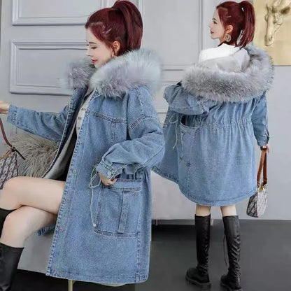 Women Jeans Coat 2024 New Winter Coat Thick Wool Denim Jacket Korea Loose Fur Collar Hooded Long Clothes Female Outerwear R375