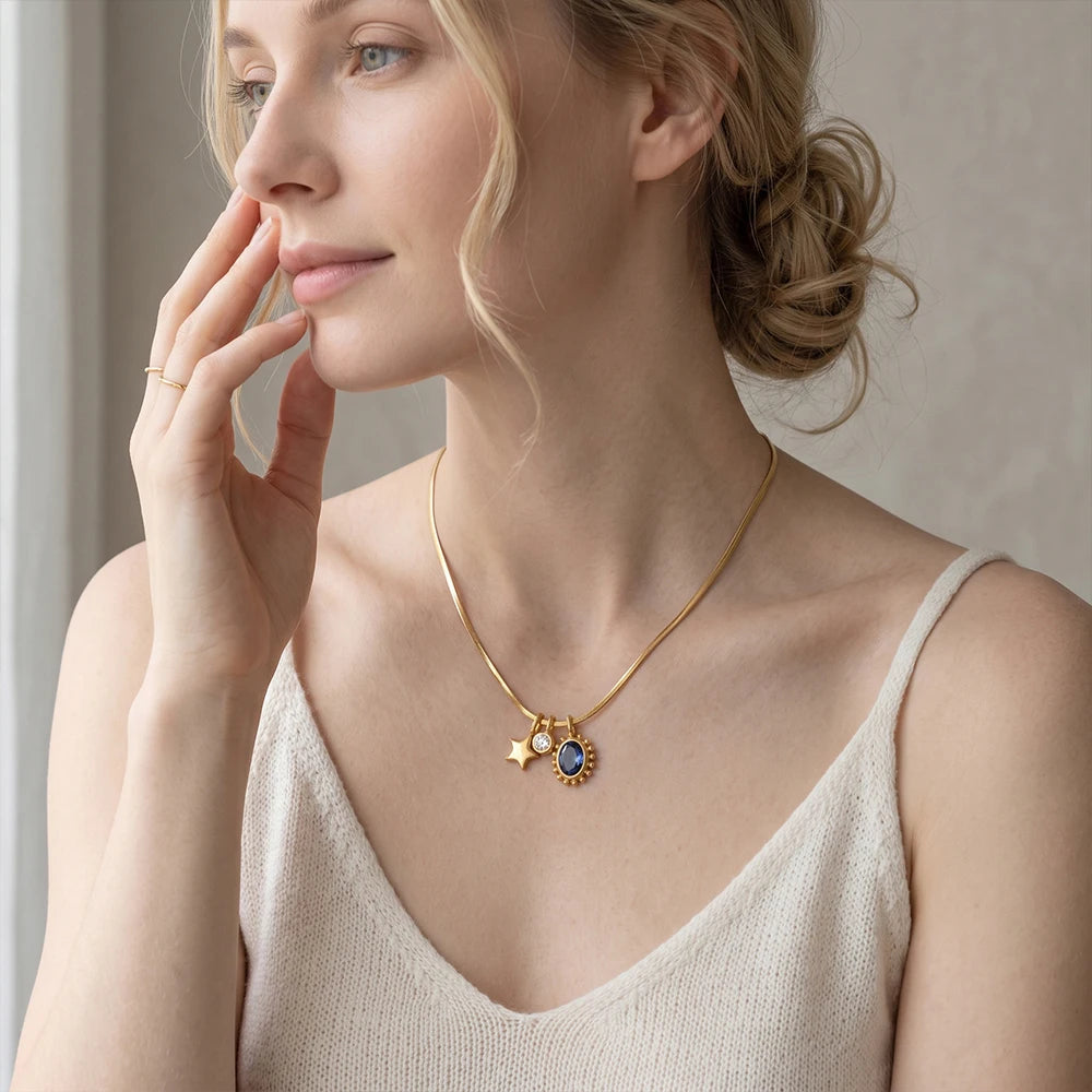 ATTAGEMS Sapphire Moissanite Pendant Star Moon Sun Necklace Copper Snake Chain Wedding Jewelry Holiday Party Gift for Women Girl