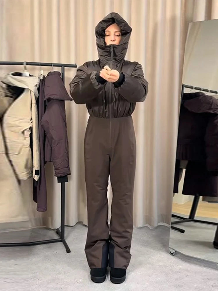 Detachable Hooded Ski Suit Jumpsuit Woman Zipper Color Blocked Long Sleeve Slim Warm Jumpsuits Sports Casual Women's Ski Suits
