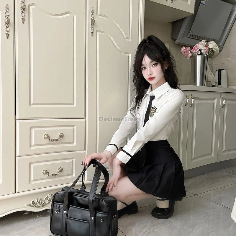 2025 improved daily jk uniform summer new white short/long sleeve shirt + pleated skirt jk uniform two-piece set for women w237