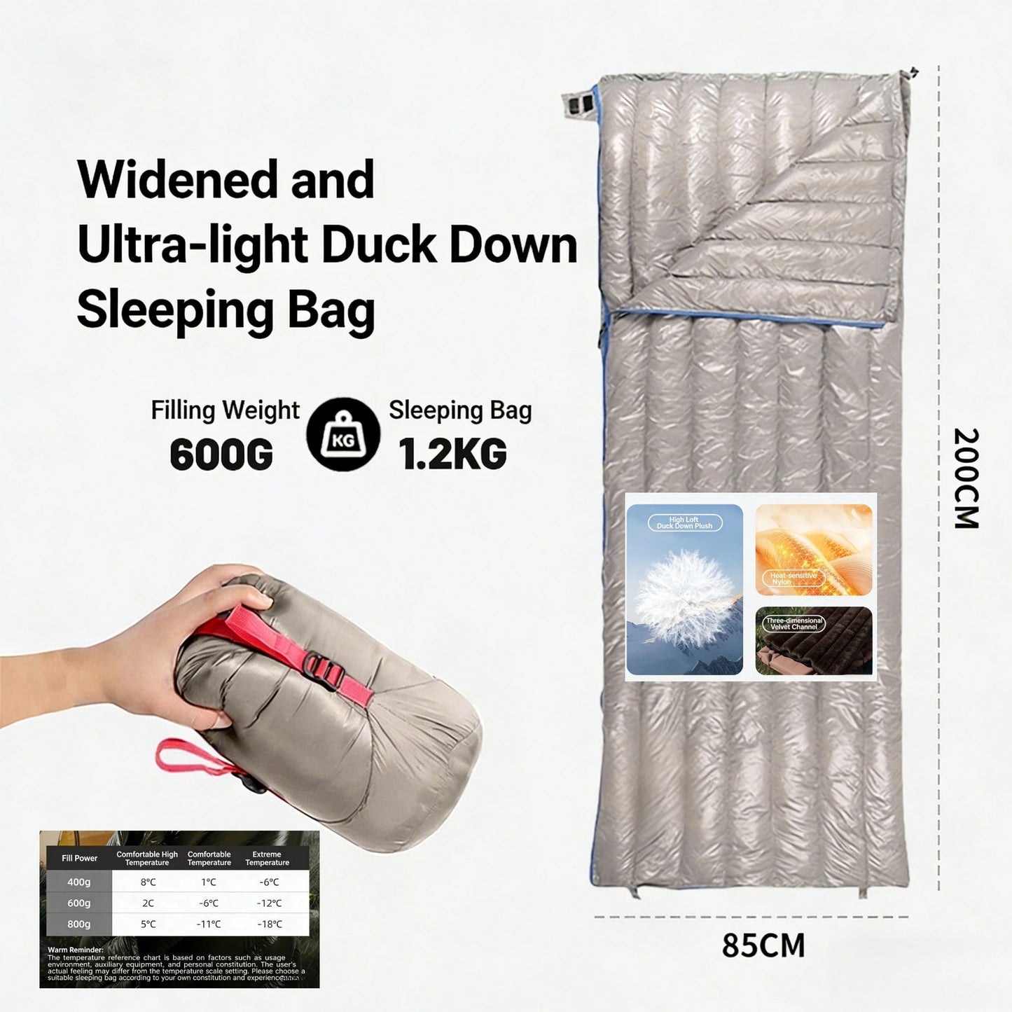 Ultra Lightweight Unisex Down Camping Sleeping Bag with Waterproof and Portable Compression Storage, Suitable for Travel and Hik