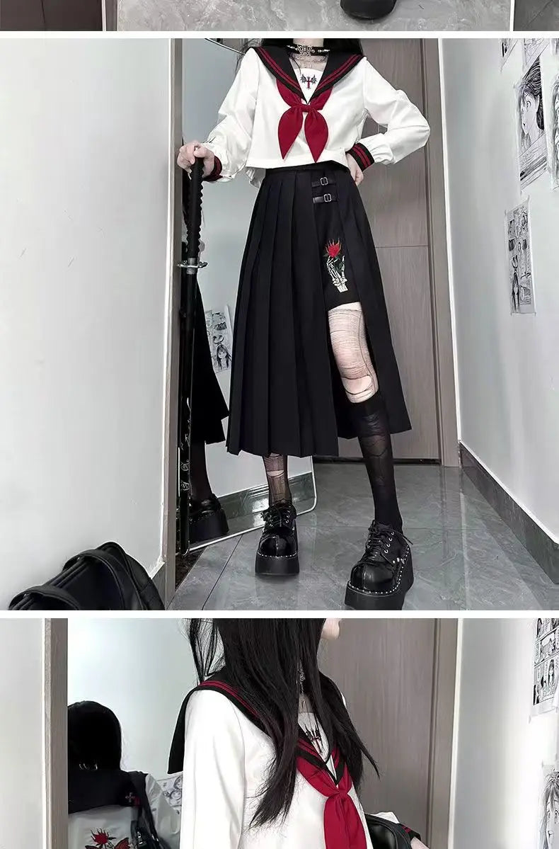 Dark Japanese Bad JK Uniform Long-sleeved Girl Orthodox Sailor Suit Role Play Handsome Long Skirt School Uniform Embroidery