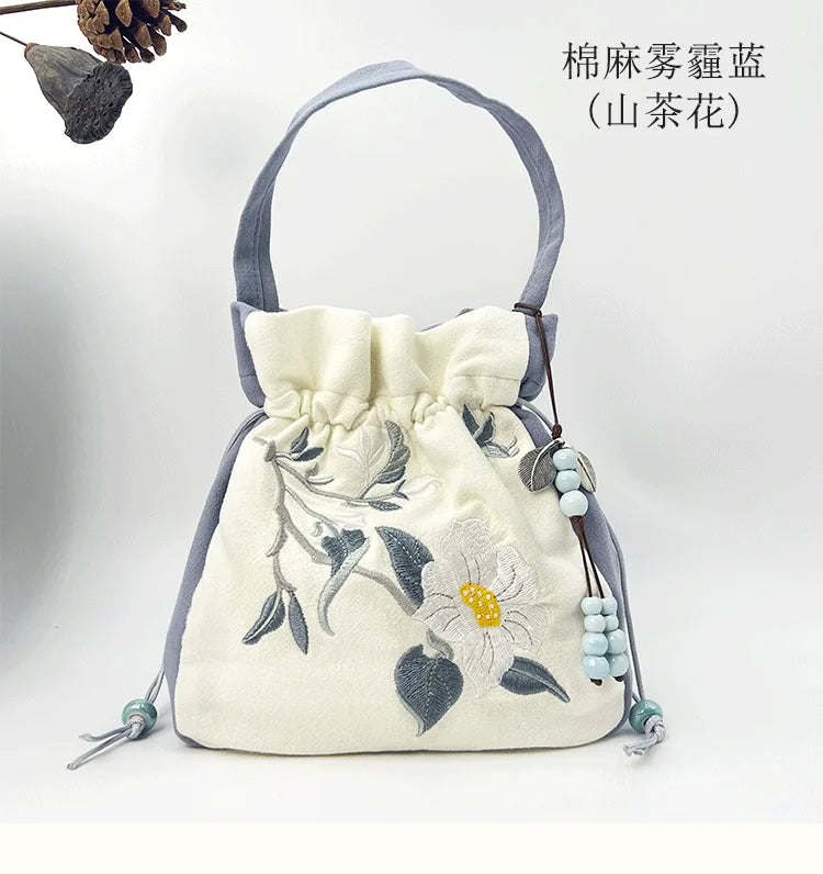 Chinese Style Retro Flower Embroidery Crossbody Top-handle Bags Women Shoulder Lace Drawstring Bucket Bag Coin Purses Handbags