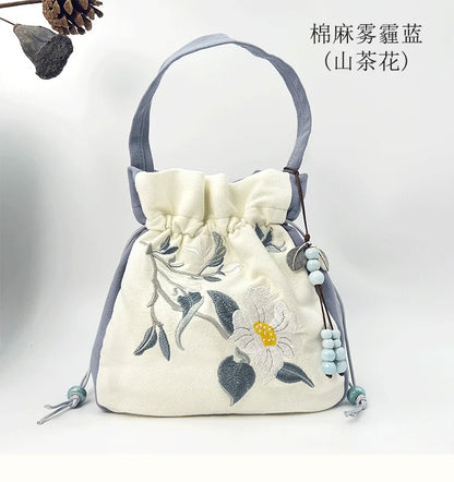 Chinese Style Retro Flower Embroidery Crossbody Top-handle Bags Women Shoulder Lace Drawstring Bucket Bag Coin Purses Handbags