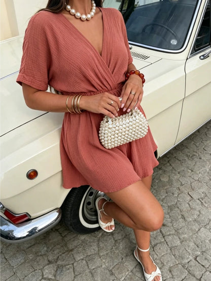New Chic Women Summer  New Loose Playsuits Cross V Neck Fashion Short Sleeve Jumpsuits Elegant Office Simple Rompers