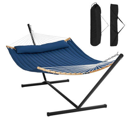SucceBuy Two Person Hammock with Stand Included Double Hammock with Curved Spreader Bar and Detachable Pillow and Portable Bag