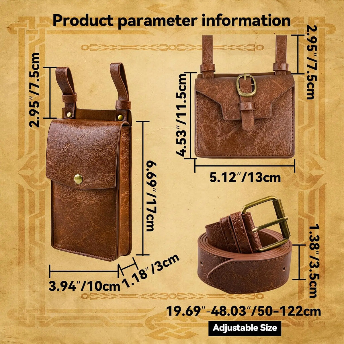 3pcs Medieval PU Leather Belt/Waist Pack Set for Men and Women, Steampunk Phone Clip, Viking Role Playing and Renaissance Activi