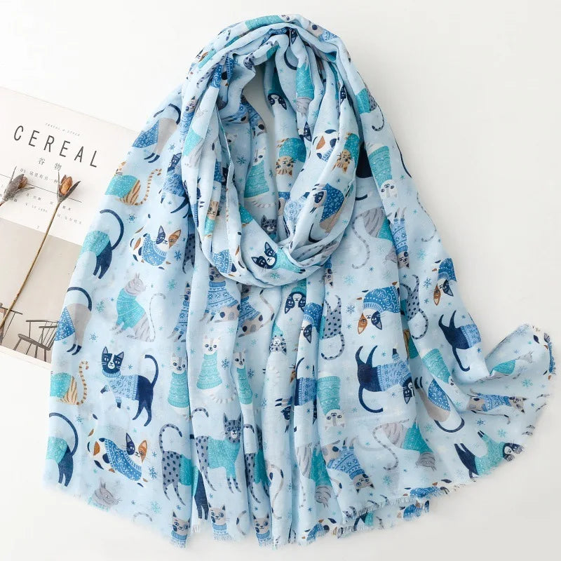Cozy Dachshund Dog Cat Pattern Viscose Shawl for Women - 180x90Cm Fringe Detail Breathable Thin Wrap Scarves Autumn/Winter Snood