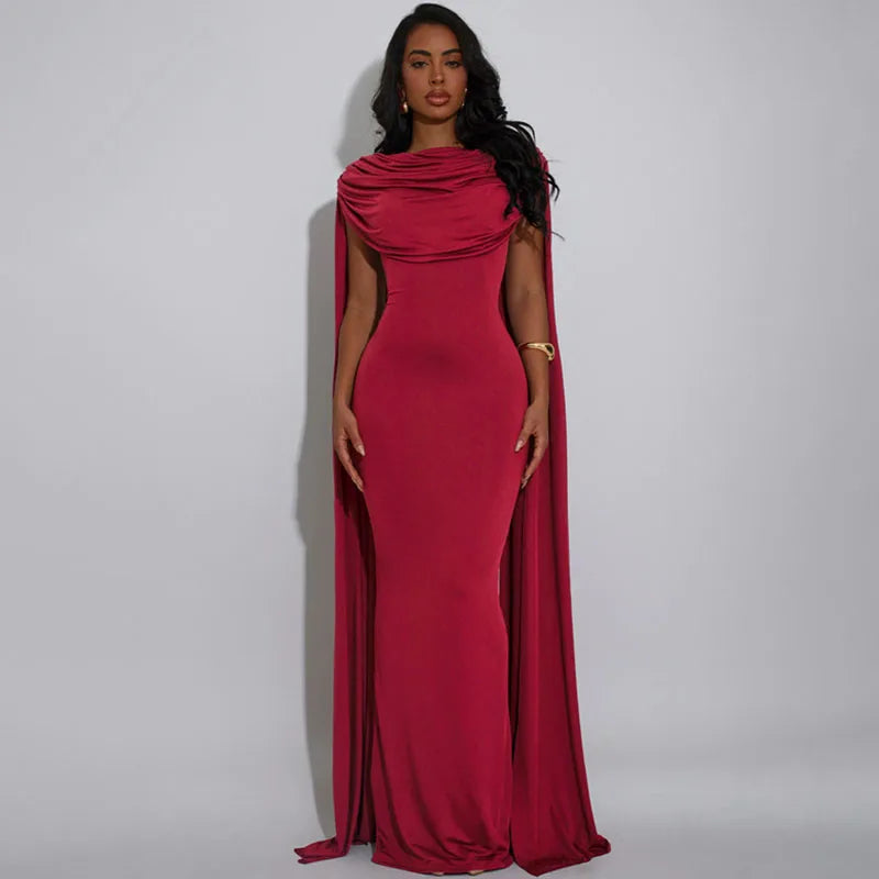Doyerl Solid Backless Evening Dresses for Women Elegant Celebrity Night Club Fly Sleeve Ruched Party Prom Bodycon Maxi Dress