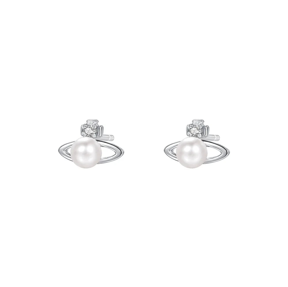 Fashionable Simple 999 Sterling Silver Zircon Planet Shell Earrings for Women Exquisite Light Luxury Jewelry