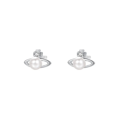 Fashionable Simple 999 Sterling Silver Zircon Planet Shell Earrings for Women Exquisite Light Luxury Jewelry