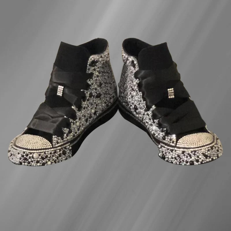 Handcrafted Black Diamond-Filled Party Personality Canvas Shoes Large Size High Top Lace-Up Casual Sports Women's Shoes 35-46