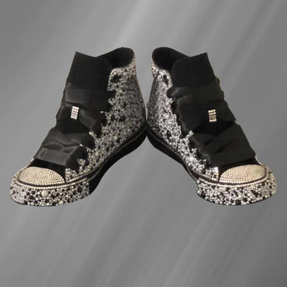 Handcrafted Black Diamond-Filled Party Personality Canvas Shoes Large Size High Top Lace-Up Casual Sports Women's Shoes 35-46