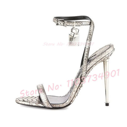 Metal Heel Lock Metallic Leather Sandals Female Luxury Open Toe Stiletto High Heels Shoes Lady Elegant Party Ankle Strap Sandals