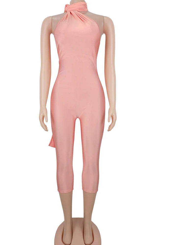 Beyprern Elegant Pink Halter Backless Jumpsuits for Women Sexy Bodycon Jumpsuit Club Party Night Outfits Rompers 2026