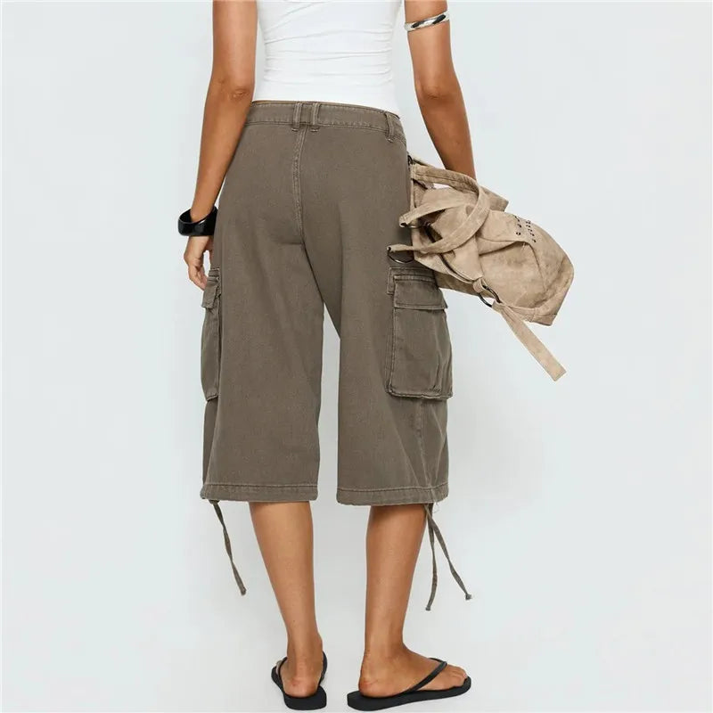 Women Camouflage Cargo Capri Pants Low Waist Multi Pocket Drawstring Hem Denim Bermuda Shorts Y2K Vintage Streetwear
