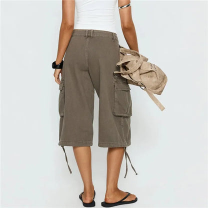 Women Camouflage Cargo Capri Pants Low Waist Multi Pocket Drawstring Hem Denim Bermuda Shorts Y2K Vintage Streetwear