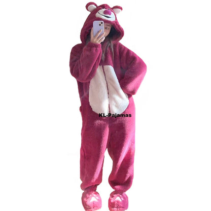 Women Onesie Animal Pajamas Winter Thicken Warm Flannel Bear Cosplay Halloween Costume Anime Sleepwear Plush One Piece Jumpsuits