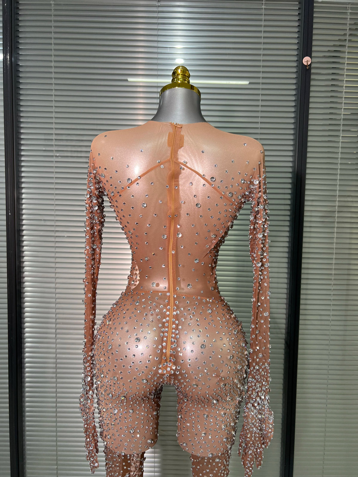 Women Sexy Crystal Sheer Blue Silver Skin Bodycon Jumpsuit Celebrity Designer Shinning Dancer Night Club Rompers Gloves